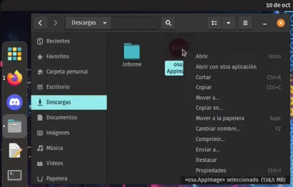Menú de propiedades del AppImage de osu!